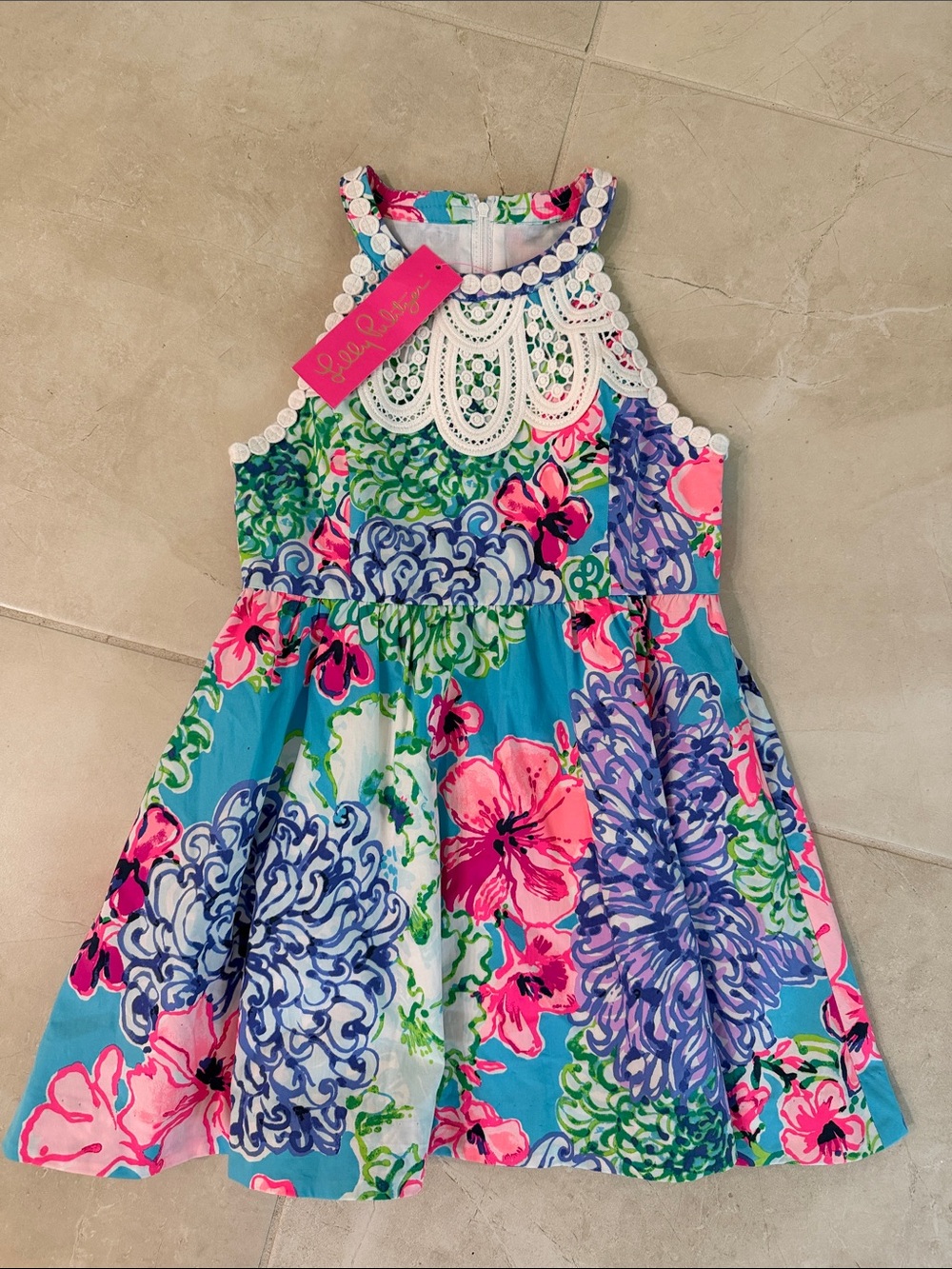 Lilly Pulitzer Turquoise Floral Halter Dress with Lace Trim